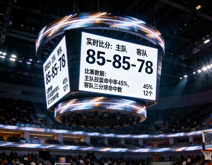 体育场馆大屏幕显示实时比分与比赛数据画面