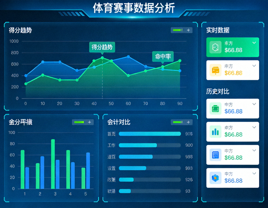 体育数据分析可视化界面，包含统计图表与数据面板